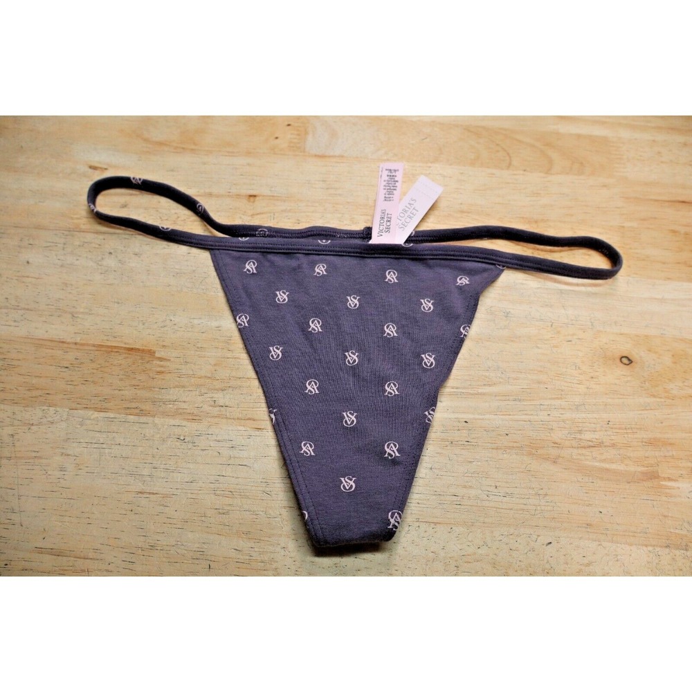 Victoria's Secret Gray Sexy V-String G-String Strappy Thong All Logo Grey L NWT